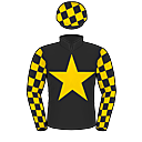 Racing silks: BLACK, GOLD STAR, CHECKED SLEEVES AND CAP