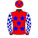Racing silks: RED, BLUE 5 STARS, WHITE SLEEVES BLUE CHECKED, RED CAP BLUE STARS, RED COLLAR, RED CUFFS, RED PEAK