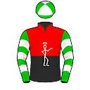 Racing silks: RED, BLACK HALVES, WHITE SAINT MOTIF, GREEN AND WHITE HOOPED SLEEVES, QUARTERED CAP