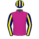 Racing silks: CERISE, NAVY AND YELLOW STRIPES SLEEVES AND CAP