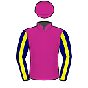 Racing silks: CERISE, NAVY BLUE AND YELLOW STRIPED SLEEVES AND CAP