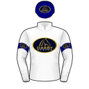 Racing silks: WHITE, NAVY BLUE DARBY RACING LOGOS, NAVY BLUE ARMBANDS AND CAP WITH LOGO