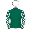 Racing silks: BOTTLE GREEN, WHITE CHECKED SLEEVES, WHITE CAP