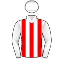 Racing silks: WHITE, RED STRIPES, WHITE SLEEVES AND CAP