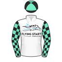 Racing silks: WHITE, FLYING START SYNDICATIONS LOGO, BLACK AND TEAL CHECKED SLEEVES, QUARTERED CAP