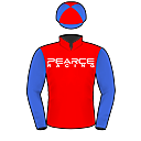 Racing silks: RED, WHITE PEARCE RACING LOGO, ROYAL BLUE SLEEVES, QUARTERED CAP
