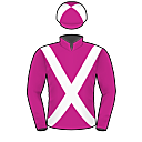 Racing silks: CERISE, WHITE CROSSED SASHES, BLACK CAP