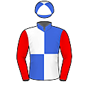 Racing silks: ROYAL BLUE AND WHITE QUARTERS, RED SLEEVES, QUARTERED CAP