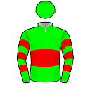 Racing silks: GREEN, RED BAND, HOOPED SLEEVES, GREEN CAP