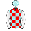 Racing silks: RED, PALE BLUE CHECKS, WHITE SLEEVES, PALE BLUE AND WHITE SEAMS ON CAP