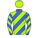 Racing silks: ROYAL BLUE, LIME GREEN DIAGONAL STRIPES AND CAP