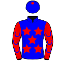 Racing silks: BLUE, RED STARS, RED SLEEVES WITH BLUE HORSESHOES AND CAP, RED POM POM
