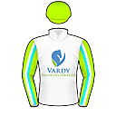 Racing silks: WHITE, LIME GREEN AND AQUA VARDY THOROUGHBREDS LOGO, STRIPED SLEEVES, LIME GREEN CAP