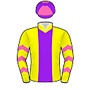 Racing silks: YELLOW, PURPLE STRIPE, PINK CHEVRONS ON SLEEVES, PURPLE AND PINK QUARTERED CAP WITH PINK POM POM