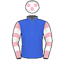 Racing silks: ROYAL BLUE, BABY PINK AND WHITE HOOPED SLEEVES, WHITE CAP, BABY PINK SPOTS