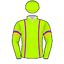 Racing silks: LIME GREEN, PURPLE AND GOLD BRACES AND ARMBANDS